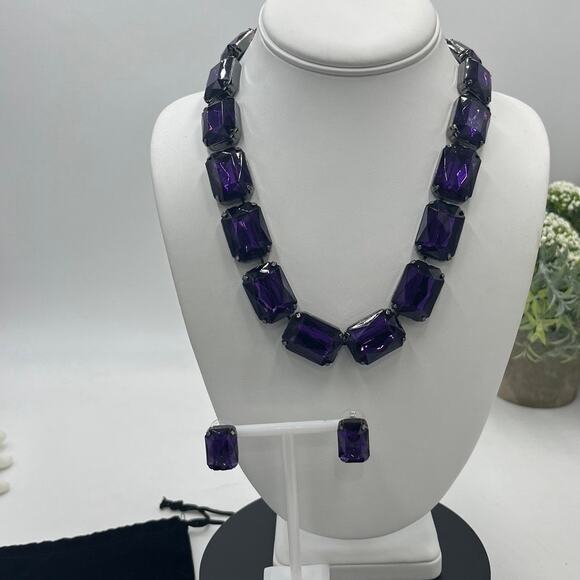 Joan Rivers Vintage Hematite Gunmetal Purple Rhinestone Necklace Earring set